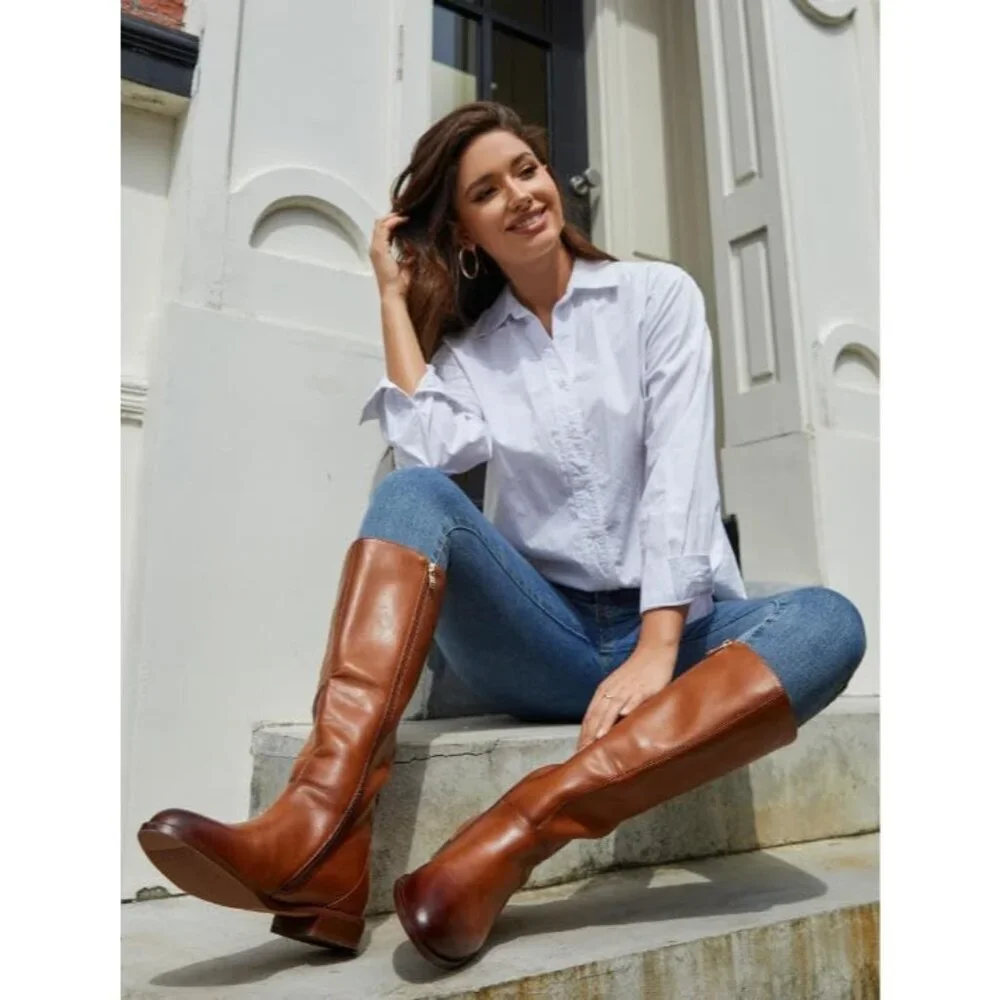 Women's Brown Flat Round Toe Low Heel Comfortable Side Zipper Knee High Boots